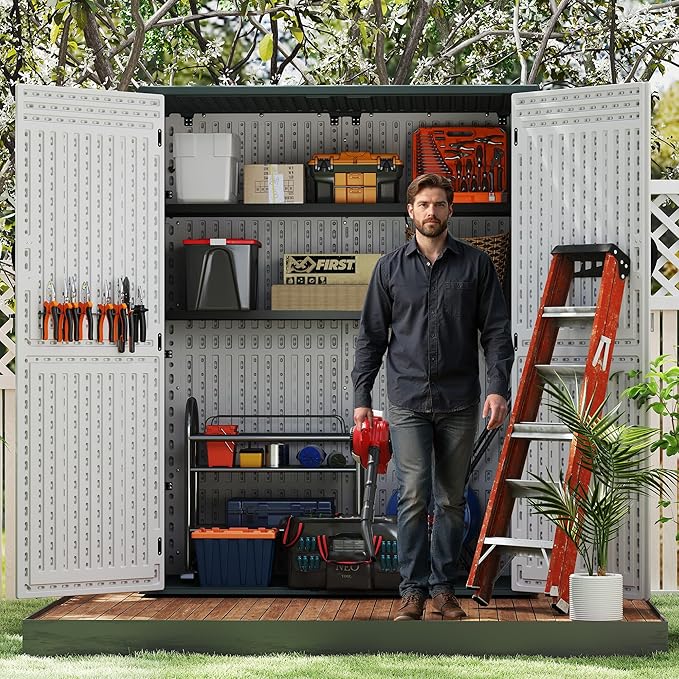 Vertical Resin Storage Shed with 2 Shelves, 60 Cuft Garden Tool Sheds & Outdoor Storage, Plastic Outdoor Storage Cabinet Waterproof, 4.5 x 2.3 ft Backyard Outside Lawn Mower Storage Shed, White