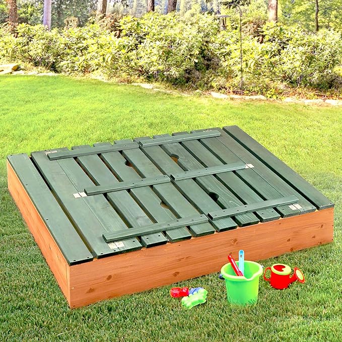 Badger Basket Wooden Sandbox with Lid & Benches - Large Outdoor Sandbox for Kids Made of Cedar - Foldable Cover, Seating & Backyard Playset - Natural/Green
