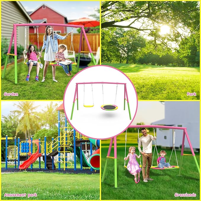 440lbs Swing Set for Backyard with Stand, Swing Heavy Duty Metal Outdoor Swing Stand, Contain 1 Saucer 32 & 1 Belt seat 26.2 for Playground and Backyard Playset, Adjustable Rope (Pink)