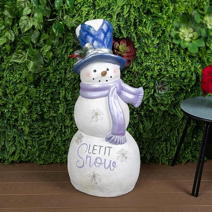 Alpine Corporation SKY558L, Lavender White Let It Snow Snowman Statue with Fading LED Lights, Large Over 3 Feet Tall - Indoor/Outdoor Winter Décor, Christmas Decoration
