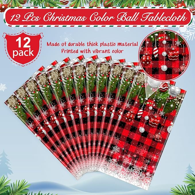 12Pcs Christmas Buffalo Plaid Snowflake Tablecloths,Plastic Red and Black Checkered Rectangle Christmas Tree Color Ball Table Cover for Winter Xmas New Year Holiday Party Decorations,54x108 inch