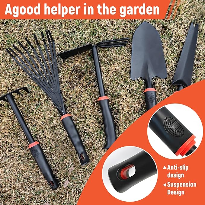 Heavy Duty Gardening Tool Set with Ergonomic Handle, 5Pcs Set Includes Rake, Shovel, Hand Hoe, Double-Sided Cultivator & Weed Puller Tool for Digging, Transplanting, Weeding£¨5Pcs£©