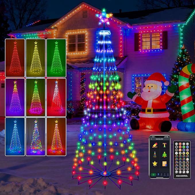 6FT Lighted Outdoor Christmas Tree, 265 LED Smart Cone Tree, Music Sync RGB Fairy Lights, LED Light Show, APP and Remote Control, Timer Function, Perfect for Outdoor Christmas Decorations