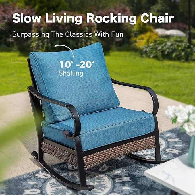 4 Piece Metal Outdoor Patio Furniture Sets with Firepit Table, Patio Conversation Sets 1 2-Seater Sofa, 2 Rocking Sofa with 5.75" Cushion Black Backyard Furniture for Deck, Blue-2