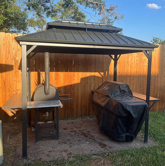 PURPLE LEAF 6' X 9' Hardtop Grill Gazebo for Barbecue Patio Permanent Metal Double Roof with Ceiling Hook and Shelves Outdoor Aluminum Sun Shade BBQ Gazebo