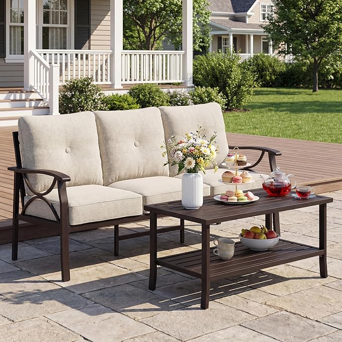 3 Seats Outdoor Patio Furniture Set, Outdoor Metal Sectional Furniture with Cushions, Outdoor Conversation Set with Coffee Table for Deck, Balcony, Backyard, Garden, Khaki