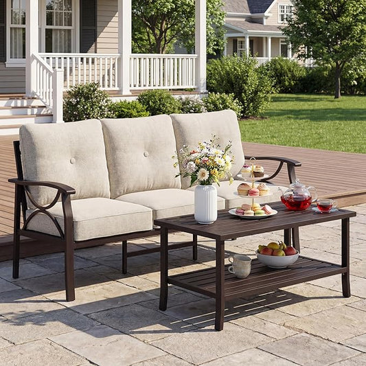 3 Seats Outdoor Patio Furniture Set, Outdoor Metal Sectional Furniture with Cushions, Outdoor Conversation Set with Coffee Table for Deck, Balcony, Backyard, Garden, Khaki