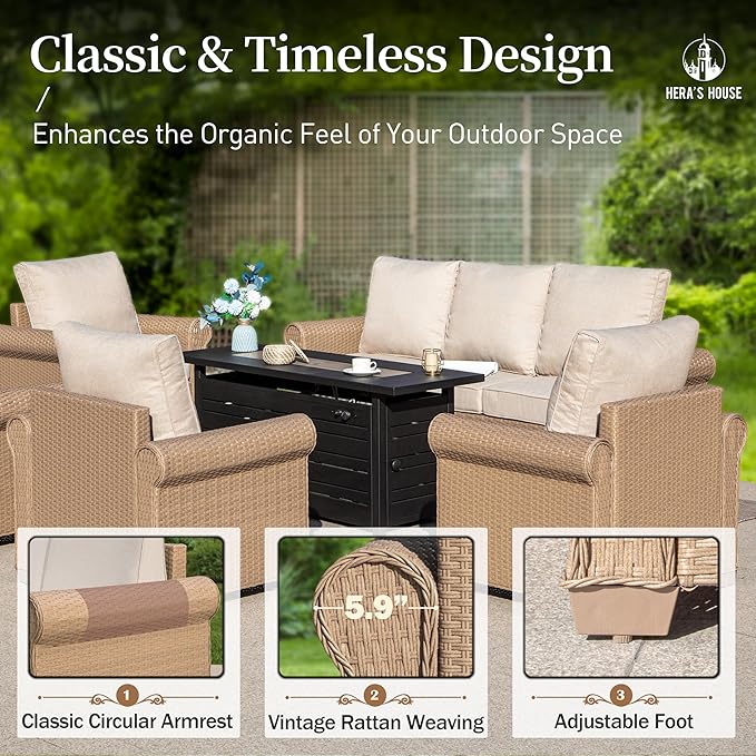 HERA'S HOUSE 6-Piece Patio Furniture Set, All Weather 7 Seats Outdoor Wicker Sofa with 57" Fire Pit Table, 5.5" Thick Waterproof Cushion Conversation Couch Set for Garden Deck Backyard, Beige