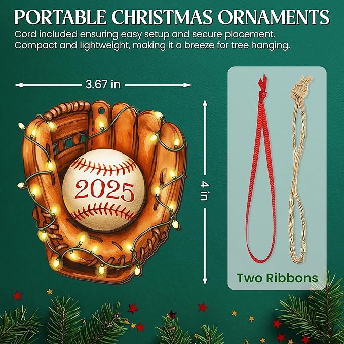 FLAGWIX Christmas Baseball Gifts for Boys 12-14 and 8-12, Baseball Ornament - 2D Flat Wooden Ornaments 2025 for Christmas Tree Decorations - Gifts for Boys Coach Team Sports Men, Sports Ornament Decor