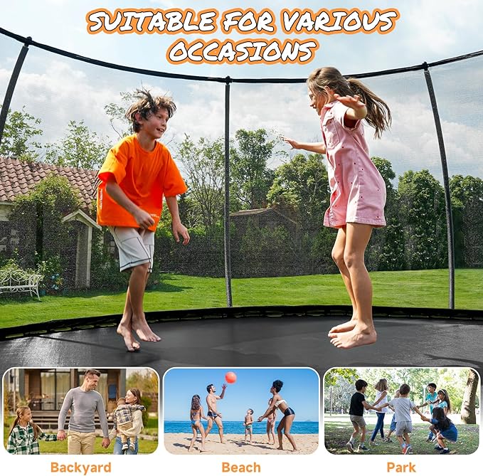 10FT 12FT 14FT 15FT 16FT Outdoor Trampoline with Enclosure Net, Heavy Duty Yard Trampolines, ASTM Approval Recreational Trampolines for Kids and Adults
