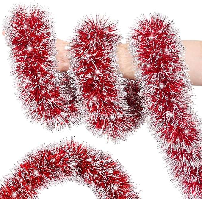 50FT Red Christmas Tinsel Garland Metallic Twist Shiny Christmas Tree Decorations, Xmas Holiday Hanging Garland for Home Mantle Stair Indoor Outdoor Holiday Decor Party Supplies - Red White