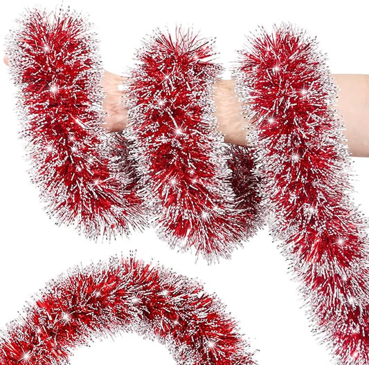 50FT Red Christmas Tinsel Garland Metallic Twist Shiny Christmas Tree Decorations, Xmas Holiday Hanging Garland for Home Mantle Stair Indoor Outdoor Holiday Decor Party Supplies - Red White