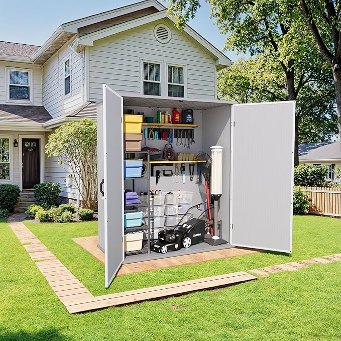 Greesum 5×3FT Plastic Outdoor Storage Shed with Floor, Resin Sheds with Lockable Door, Window and Vent, All-Weather Tool Storaged Sheds for Garden, Backyard, Patio, Light Gray (4.7×2.5FT)