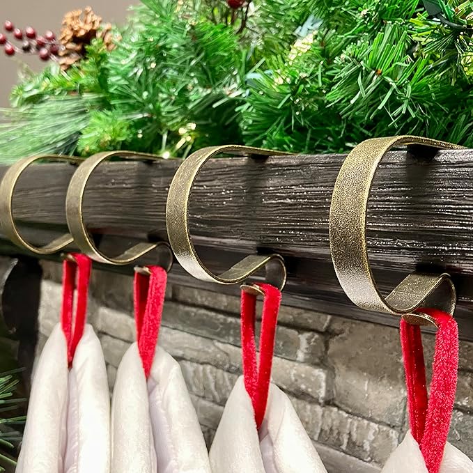 Haute Decor The Original MantleClip Stocking Holder- 4 Pack (Weathered Brass) - Hang Christmas Stockings, Lights, Garland securely from Fireplace mantels and Shelves up to 3 inches Thick