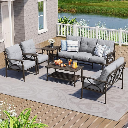 6-Piece Outdoor Patio Furniture Set, Outdoor Metal Sectional Furniture with Cushions, Outdoor Conversation Seating Set with Side Table for Deck, Backyard, Garden, Balcony, Grey