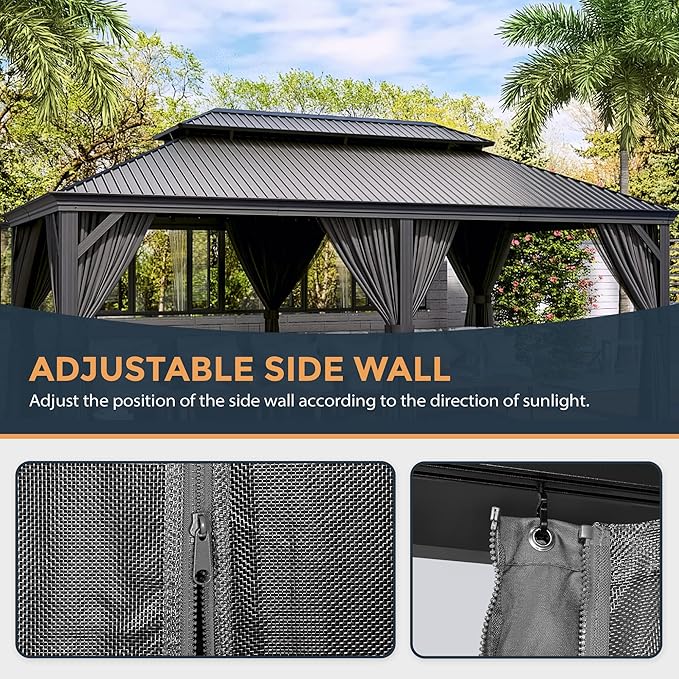 HAPPATIO 12' x 20' Hardtop Gazebo, Outdoor Aluminum Frame Gazebo with Galvanized Steel, Double Roof Permanent Patio Metal Canopy with Netting and Curtains for Backyard, Patio, Deck (Gray)