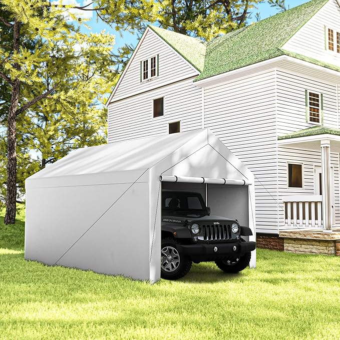 10x20 Carport, Heavy Duty Carports with Removable Sidewalls, Waterproof and UV-Resistant Portable Outdoor Garage Shelter for All Season (White)
