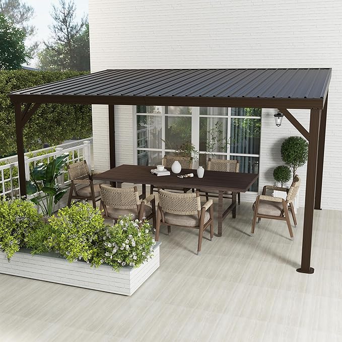 Domi 10'x14' Hardtop Wall Mounted Gazebo, Expandable Lean to Gazebo Pergola with Gutters & Galvanized Steel Roof, 60MPH Wind Resistance Outdoor Heavy Duty Canopy Sun Shade for Patio, Backyard - Brown