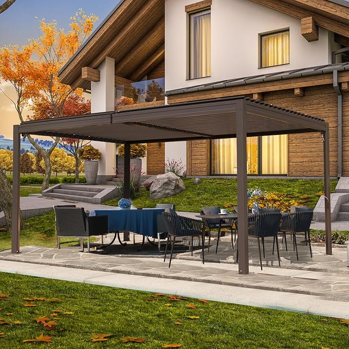 10’ x 16’ Louvered Pergola, Outdoor Pergola Aluminum Frame with Adjustable Rainproof Metal Roof, Permanent Sun Shade with Drainage System for Backyard, Garden and Lawn (Dark Brown)
