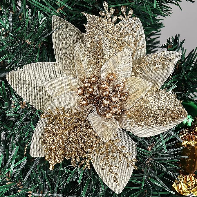 RECUTMS Christmas Tree Ornaments 10Pcs Glitter Poinsettia,Artificial Poinsettia Flowers Xmas Tree Ornaments 6" Wide for Xmas Tree Wreaths Garland Holiday Seasonal Wedding Decorations(Gold)