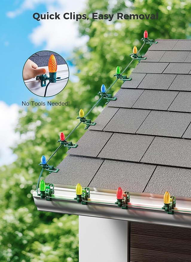 C7 C9 Christmas Lights Spring Clips, 50 Count Quick Clips for E12, E17 Socket, Rope Lights for Roofline, Fence, Railing, Mantel, Christmas Trees