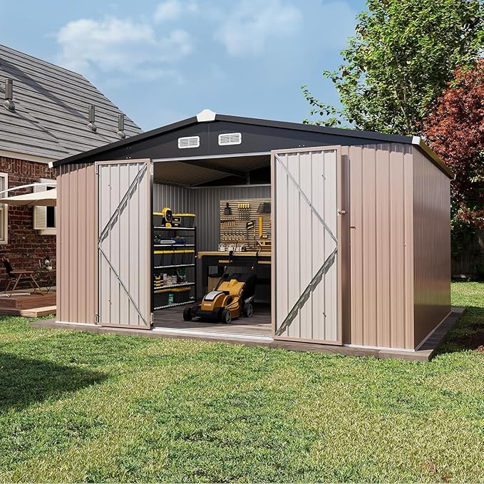 Aoxun 12x10 FT Shed Outdoor Storage Shed with Large Doors & Galvanized Steel, Large Shed Steel Utility Tool Shed Storage House with Door & Lock, for Patio Lawn Garden Sand, Brown