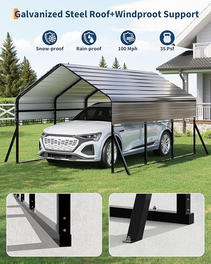 10'x15' Metal Carport, Heavy Duty Car Ports Kit for Trucks, Boats, RV, Tractor, Reinforced Frame with Anchors, Easy Assembly