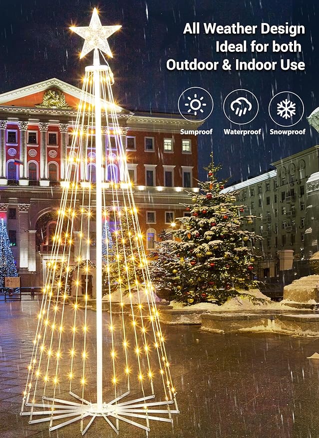 Outdoor Christmas Cone Tree Light, 12 Feet 1070 LEDs Outdoor Lightshow with Star Topper, Artificial Christmas Tree for Yard Square Plaza Christmas Decorations, Warm White