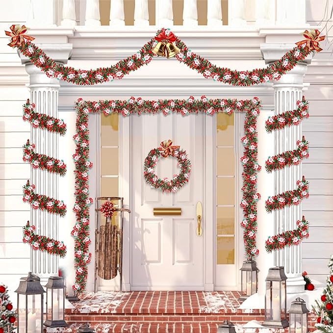 50FT Red Green Christmas Tinsel Garland with Santa Claus Ornaments, Metallic Xmas Christmas Tree Garland Decorations Indoor Outdoor for Home Fireplace Mantle Stair Office Classroom Party Holiday Decor