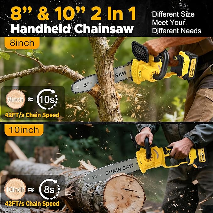 8“ & 10” Mini Chainsaw Cordless Battery Powered, Electric Chainsaw 2 in 1, Brushless Battery Chainsaws Handheld Chain Saw for Tree Branches, Courtyard, DIY, Garden, Gifts for Women Men Dad Husband