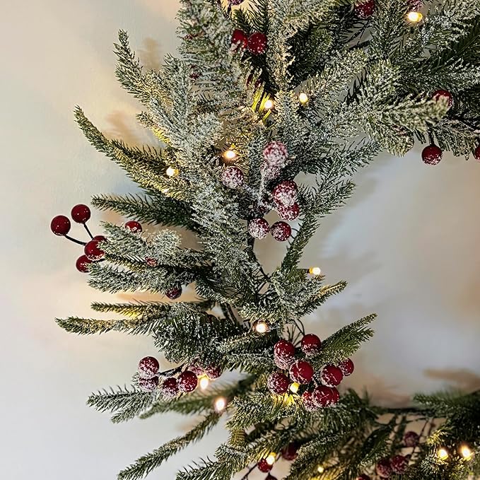 24" Prelit Christmas Wreath with LED Lights, Snow-Flocked Pine, Red Berries & Pine Cones, Holiday Front Door Decoration