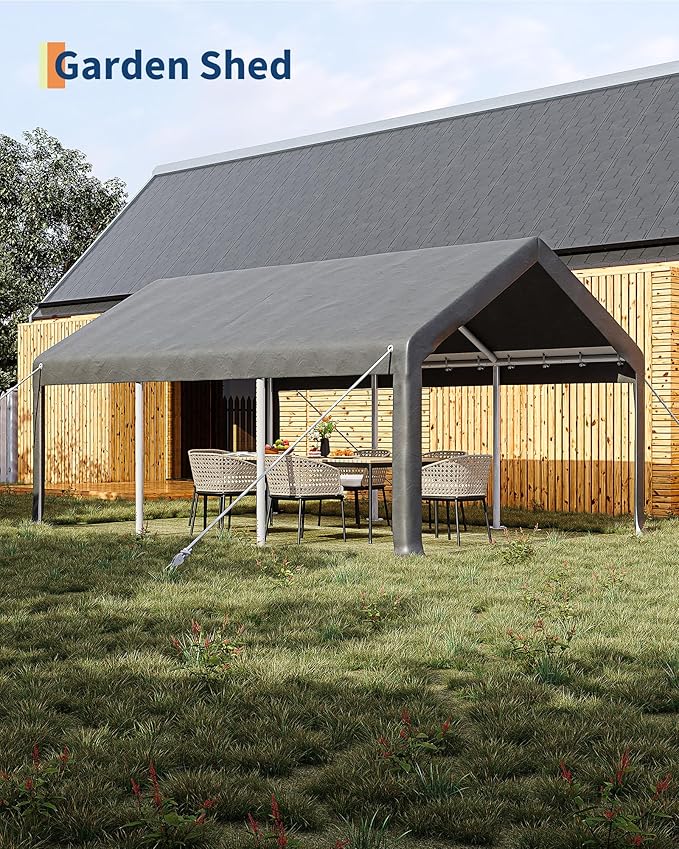 GarveeLife 13x20 ft Carport with 8 Sandbags, Car Port with 220 g PE Tarp, 2 Roll-Up Doors, and 4 Windows, for Full-Size Pickups, Bass Boats, Tractors, and SUVs, Gray