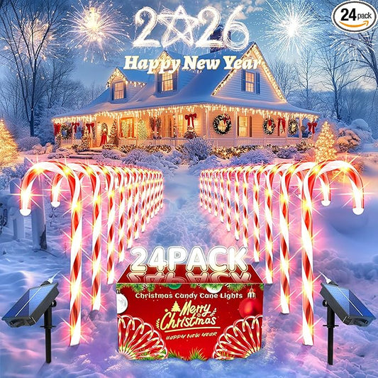 Anordsem Solar Christmas Decorations Outdoor: 24 Pack Candy Cane Pathway Stake Lights - 15" Waterproof LED 8 Lighting Models Yard Garden DIY Decor - 2026 Xmas Gifts for Homeowners