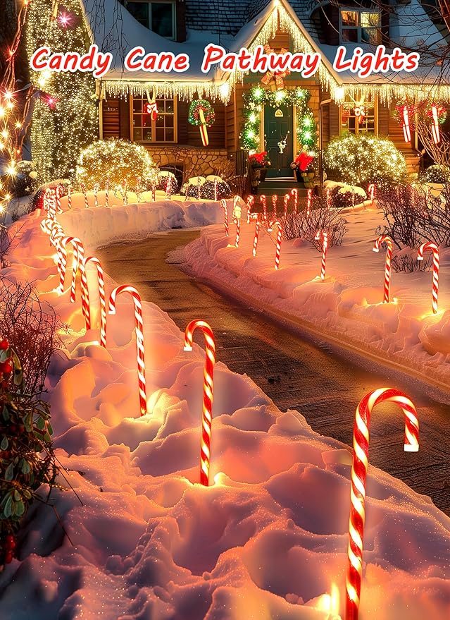 Brightown 28" Candy Cane Lights with Stakes, 2 Set Total 20 Large Christmas Pathway Lights, Outdoor Candy Cane Pathway Christmas Decorations for Yard, Lawn, Garden, Walkway, Sidewalk