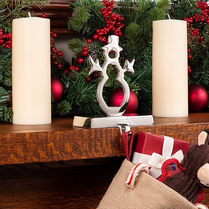 BIRDROCK HOME Whimsical Snowman Stocking Holder for Mantle – Holiday Christmas Decorations – Hanger for Stockings – Stainless Steel Hooks Fireplace Topper Stairs – Decorative Heavy Stand - Silver