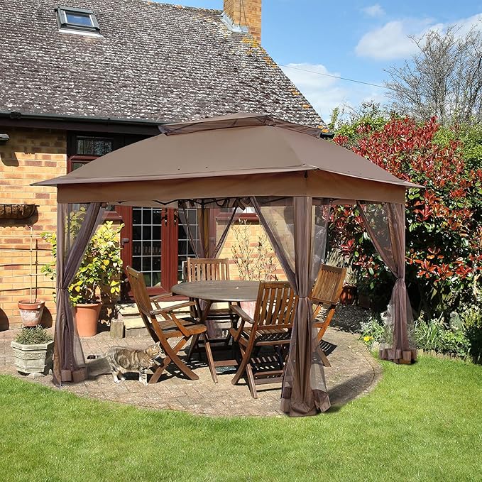 COOS BAY 11x11 Pop Up Gazebo with Mesh Netting, Instant Outdoor Canopy Tent, Water Resistant Shelter with UPF 50+ UV Protection, 121 Sq Ft Coverage, Brown