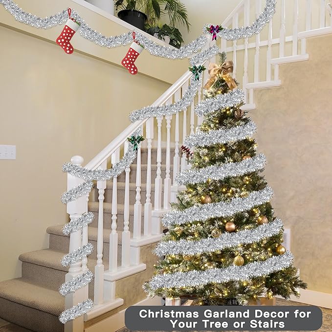 50FT Silver Christmas Tinsel Garland Metallic Twist Shiny Garland for Christmas Tree Decorations, Xmas Holiday Hanging Decor for Home Mantle Stair Indoor Outdoor Holiday Party Supplies Decor