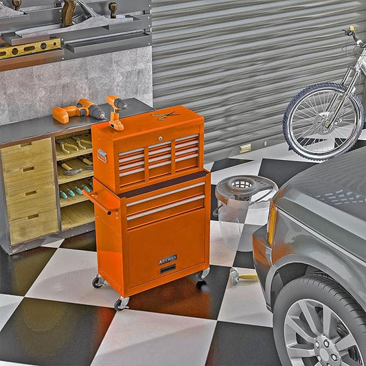High Capacity Rolling Tool Chest with Wheels and 8 Drawers,Metal Storage Tool Cabinet W/Mobile Case,Pull Handle,4 Hooks,for Workshop Mechanics Garage,Orange