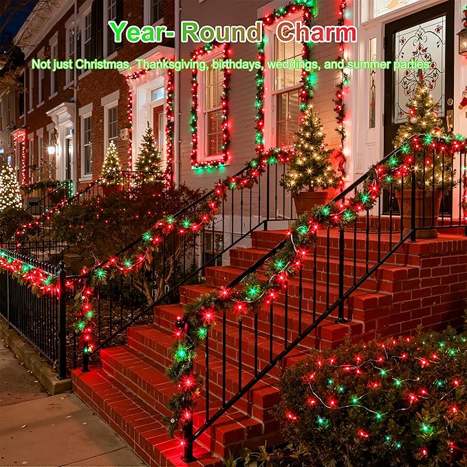 350LED 90FT Christmas Lights Indoor Outdoor, 12 Modes Red and Green Outdoor String Lights with Timer & Dimmable, Waterproof Green Wire Christmas String Lights for Tree Xmas Patio Fence Balcony Garden