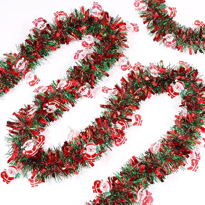 50FT Red Green Christmas Tinsel Garland with Santa Claus Ornaments, Metallic Xmas Christmas Tree Garland Decorations Indoor Outdoor for Home Fireplace Mantle Stair Office Classroom Party Holiday Decor
