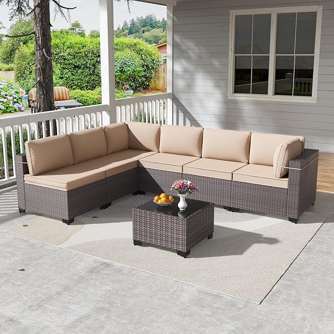 Kullavik 7 Pieces Outdoor Patio Furniture Set,Wicker Outdoor Sectional Sofa,All-Weather Patio Conversation Sets with Washable Thick Cushions & Coffee Table for Garden,Backyard,Balcony,Porch,Sand