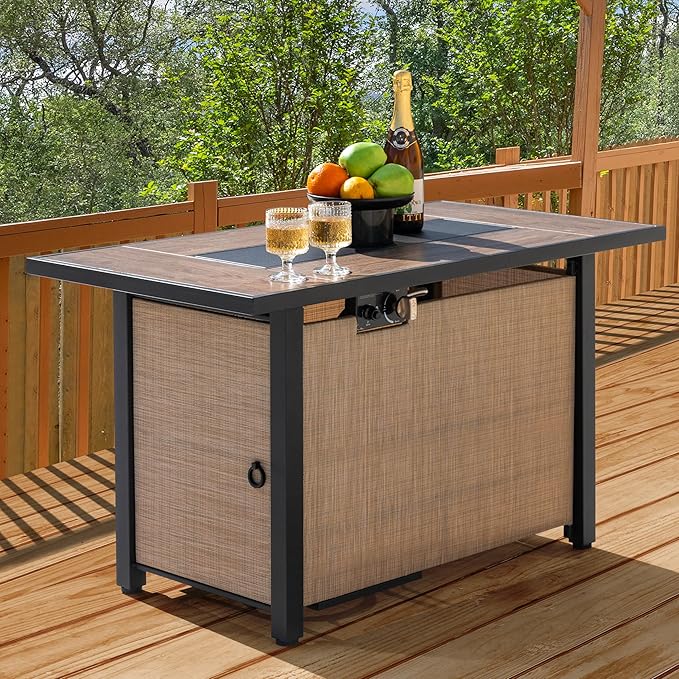 Nuu Garden 43 Propane Fire Pit Table, CSA-Listed Outdoor 50,000 BTU Gas with Lid and Glass Beads, 2-in-1 Rectangular for Outside Backyard Patio, Light Brown