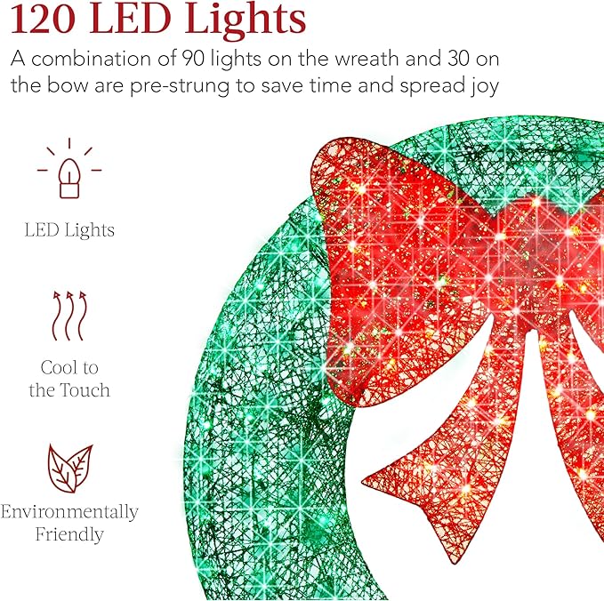 Best Choice Products 36in Pre-Lit Outdoor Christmas Wreath Decoration, LED Metal Holiday Decor for Home w/ 120 Lights, Bow - Green/Red