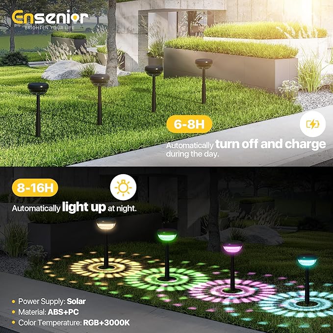 Ensenior Color Changing Solar Lights Outdoor, Auto ON/Off 3000K White Light & RGB LED Solar Garden Lights for Pathway, Yard, Patio, Waterproof, Energy-Efficient Landscape Lighting, 8-Pack