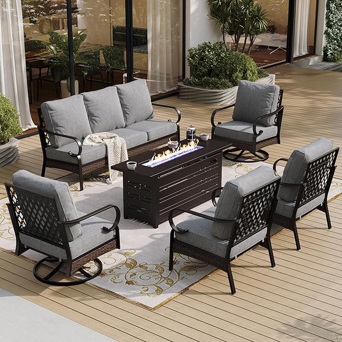 6 Piece Black Metal Outdoor Patio Furniture Sets with Firepit Table, Patio Conversation Sets 1 3-Seater Sofa, 2 Leg Sofa and 2 Swivel Chair with 5.75" Cushion for Backyard Deck, Gray
