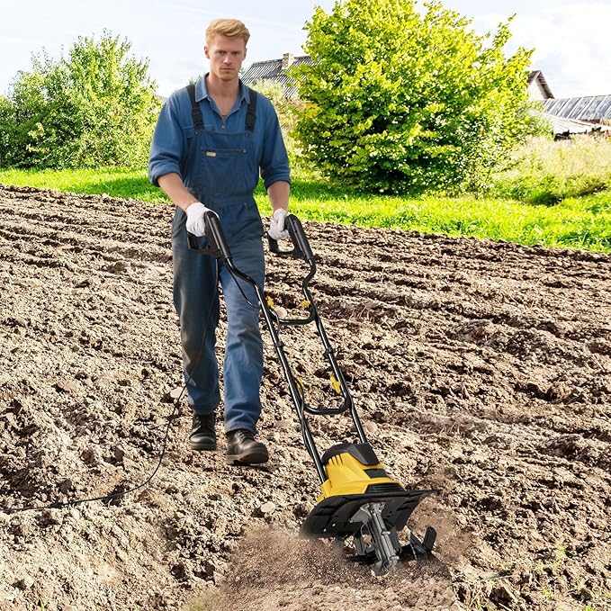 Goplus Corded Electric Tiller Cultivator, 10 Amp Powerful Foldable Garden Rototiller w/ 14 Inch Tilling Width & 9 Inch Working Depth, Safety Lock, Gardening Machine for Lawn Soil Digging