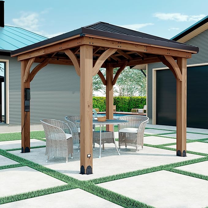 Backyard Discovery Barrington 10' x 10' Cedar Wood Outdoor Gazebo Pavilion with Hardtop Galvanized Steel Hip Roof, Snow Support, Wind Resistance, PowerPort, Shade for Garden, Patio, Deck, Entertaining