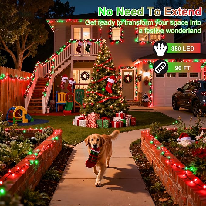 350LED 90FT Christmas Lights Indoor Outdoor, 12 Modes Red and Green Outdoor String Lights with Timer & Dimmable, Waterproof Green Wire Christmas String Lights for Tree Xmas Patio Fence Balcony Garden