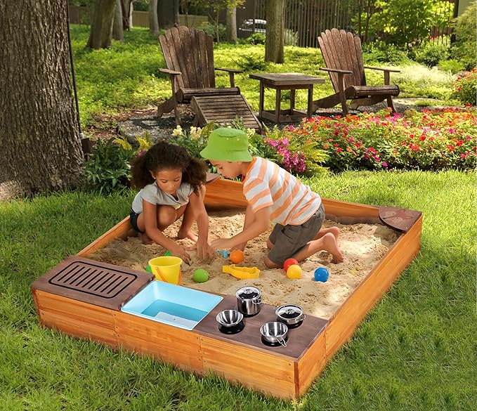 Sandbox with Cover, 2 in 1 Sandpit & Kitchen Playset, Outdoor Sand Box with Bottom Liner, PP Cover, Grill, Cooking Accessories, Toddlers Sandboxes for Backyard, Beach, Garden, Gift for Kids