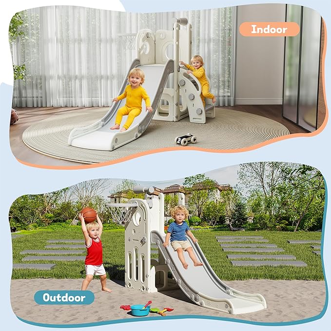 6 in 1 Toddler Slide, Kids Slider for 1-3, Indoor Outdoor Playset Playground with Basketball Hoop, Storage, Climber and Telescope, Great Gift for Baby & Child, Grey and White